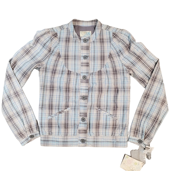 Split Women Blue Plaid Print Button Bomber Jacket Size XS - Picture 8 of 12
